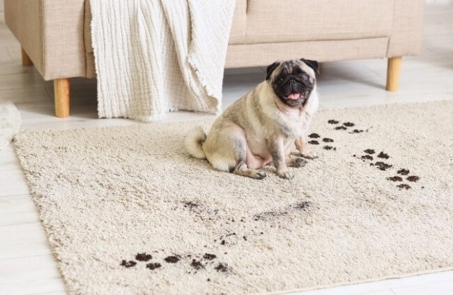 Dog with muddy paw prints, showing common summer pet messes and the need for carpet stain removal.
